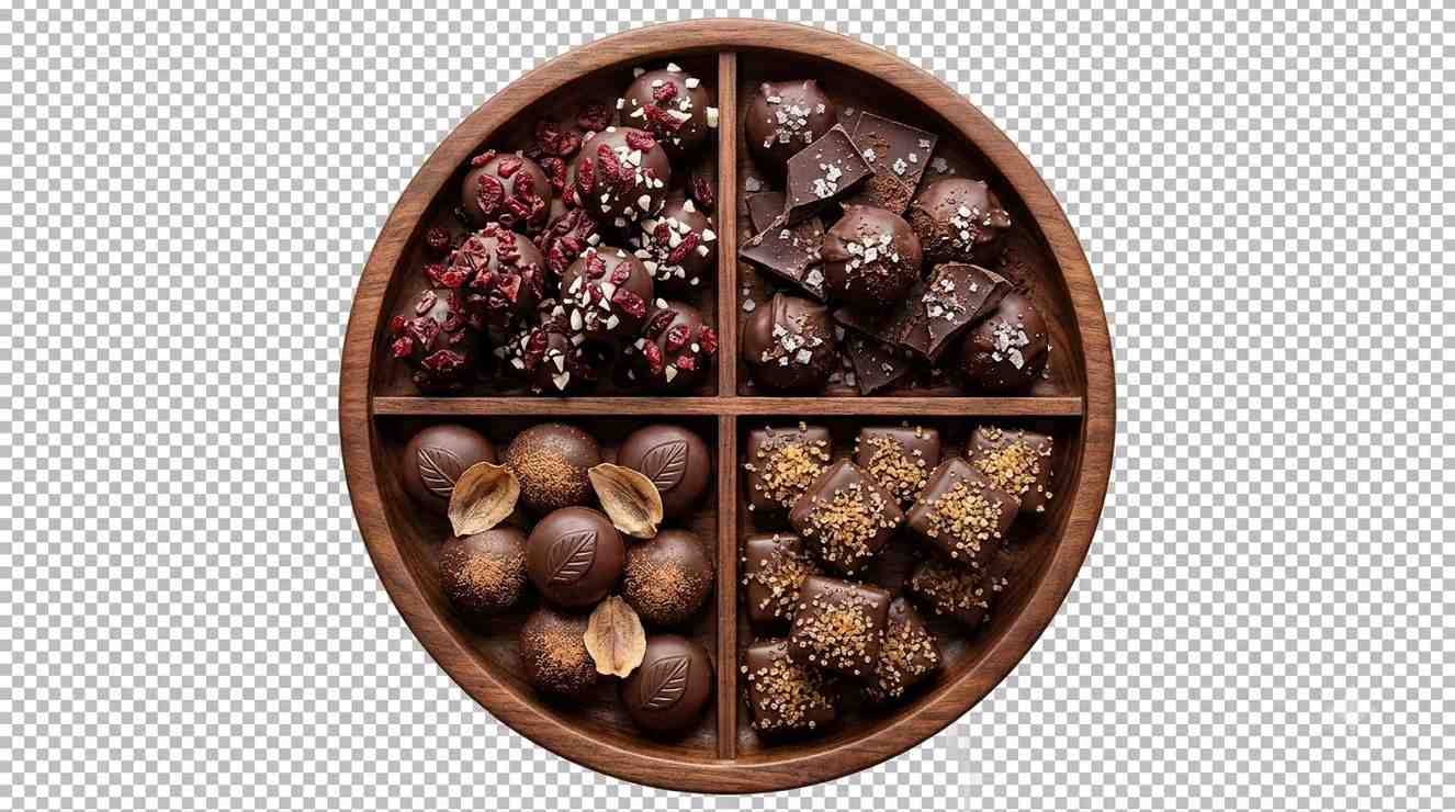 A wooden tray of Fruitified chocolates, truffles, and brownies