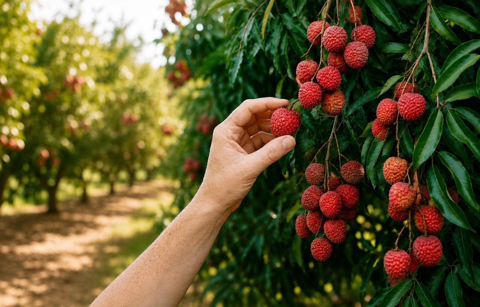 A hand picking fresh lychees straight from the orchard